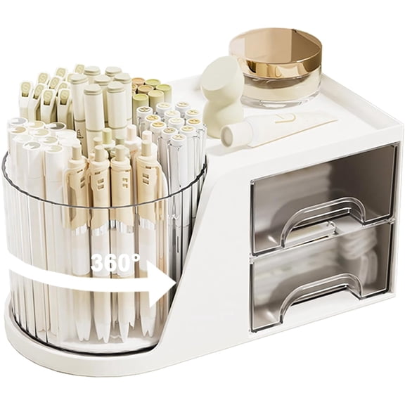 SAYEEC Multi-Functional Rotating Desktop Organizer, 2 Drawer 6 Slot Makeup Pen Storage Holder for Office Home Art Supplies White