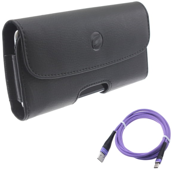 6ft USB-C Cable w Case Belt Clip for Samsung Galaxy A73 5G,A13 5G,A03s Phones - Purple Type-C Charger Cord Power, Leather Holster Cover Pouch