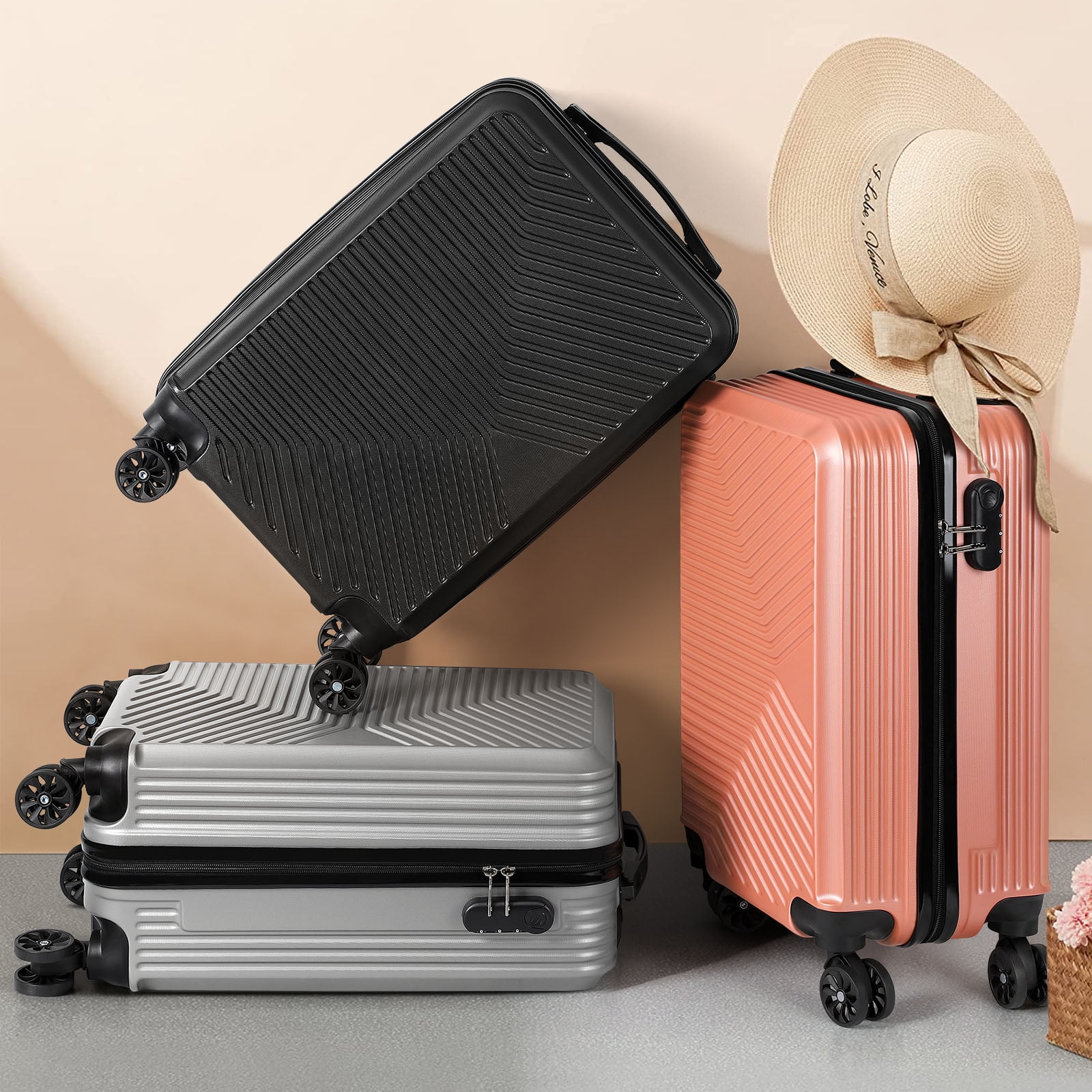 Twill Stripe Luggage Travel Sliding Wheels 20" Black