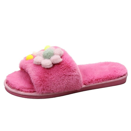 

A1 new home gifts for home Women Slip-On Furry Flowers Flat Home Winter Open Toe Keep Warm Slippers Shoes Flock Pink