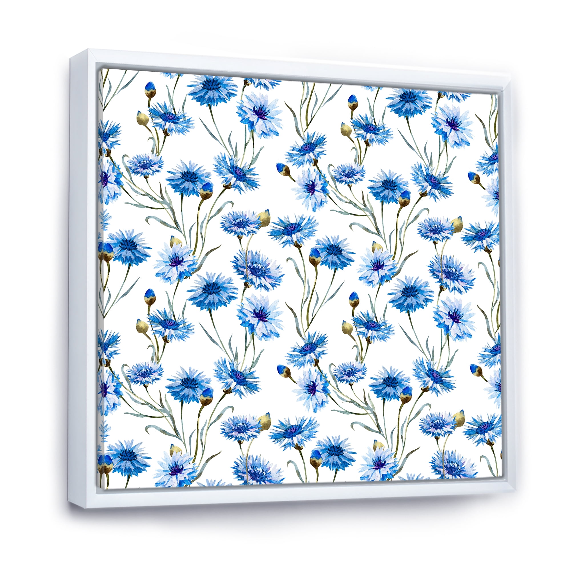 Blue Cornflowers With Green Leaves On White II 30 in x 30 in Framed Painting Canvas Art Print, by Designart