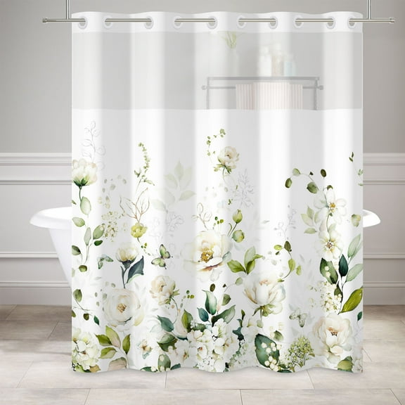 Mizhona Rustic White Peony Floral No Hooks Shower Curtains with Snap in Liner Nature Plants Hookless Fabric Bathroom Curtain,71"× 74"