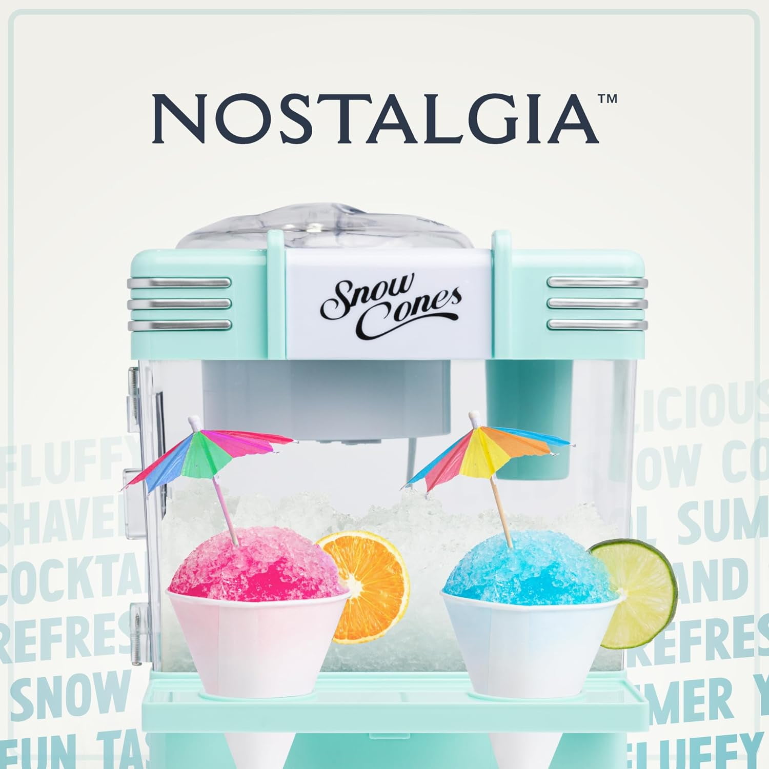 Nostalgia Snow Cone Maker, Tabletop Shaved Ice Machine with 2 Reusable Cones and Ice Scoop, Aqua