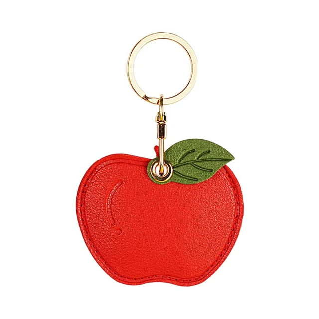 Daily Mix Store Anti-Lost Keychain, Cute Leather Protective Case with Green Leaf & Fruit Design, Holder for Keys, Access Card, ID Badge