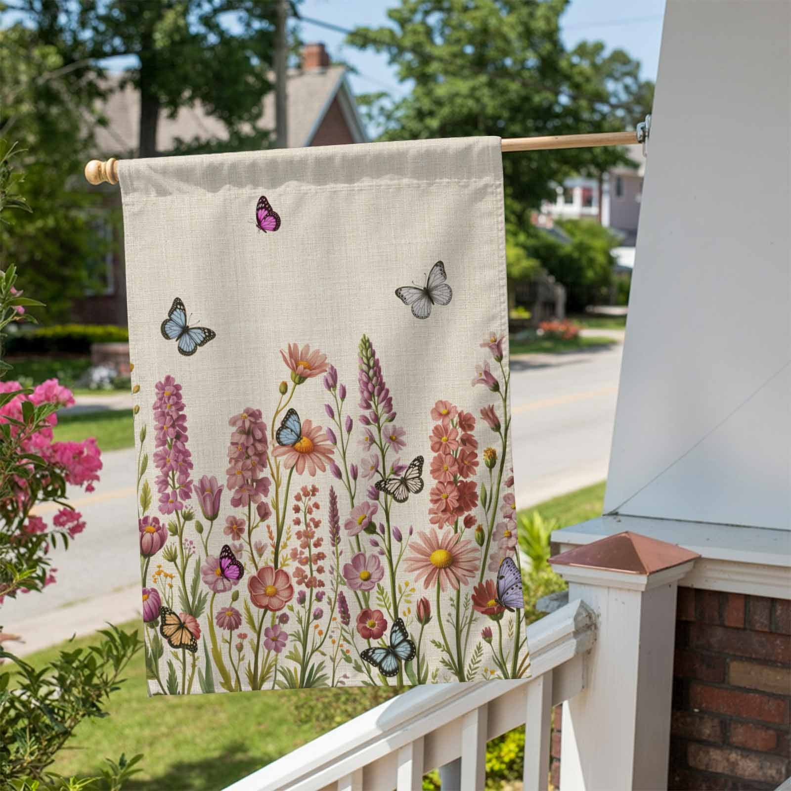 Beige Floral House Flag 28 x 40 Inches, Spring Lavender Wildflowers Blue Butterfly Botanical Linen Texture Weather Proof Outdoor Patio Flags Double Sided Small House Decor for Yard Lawn Outside Home