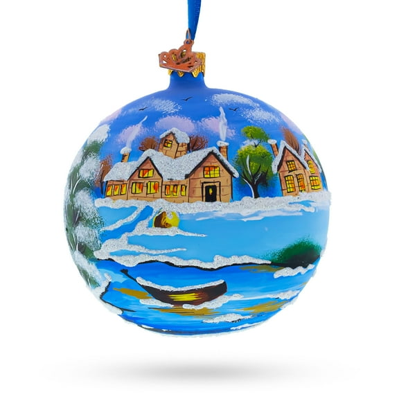 Serene Winter Village Scene with Lake Glass Ball Christmas Ornament 4 Inches