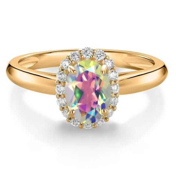 Gem Stone King 10K Yellow Gold Mercury Mist Mystic Topaz and White Lab Grown Diamond Halo Engagement Ring for Women (1.13 Cttw, Gemstone, Oval 7X5MM, Size 6)