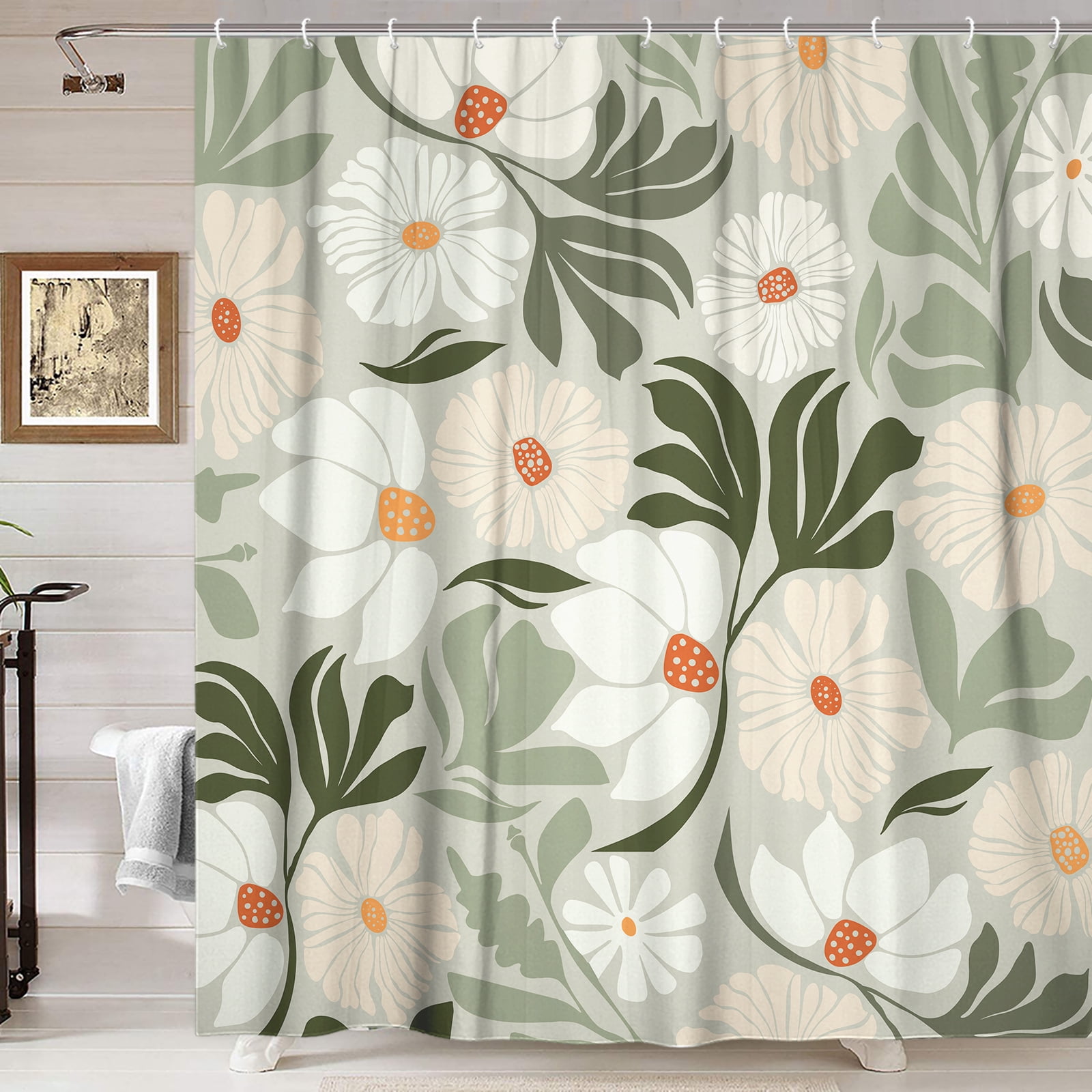 Cute Green Floral Shower Curtain for Aesthetic Bathroom Decor, Vintage Boho Farmhouse Modern Trendy Flowers Botanical Shower Curtain, Dark Green Plant Shower Curtain with 12PCS Hooks, 70X70IN