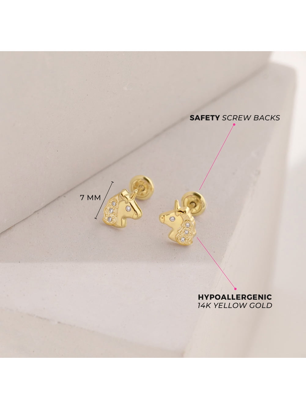 Glimmering Unicorn Clear CZ Toddler / Girl Earrings Safety Screw Back - 14k Gold