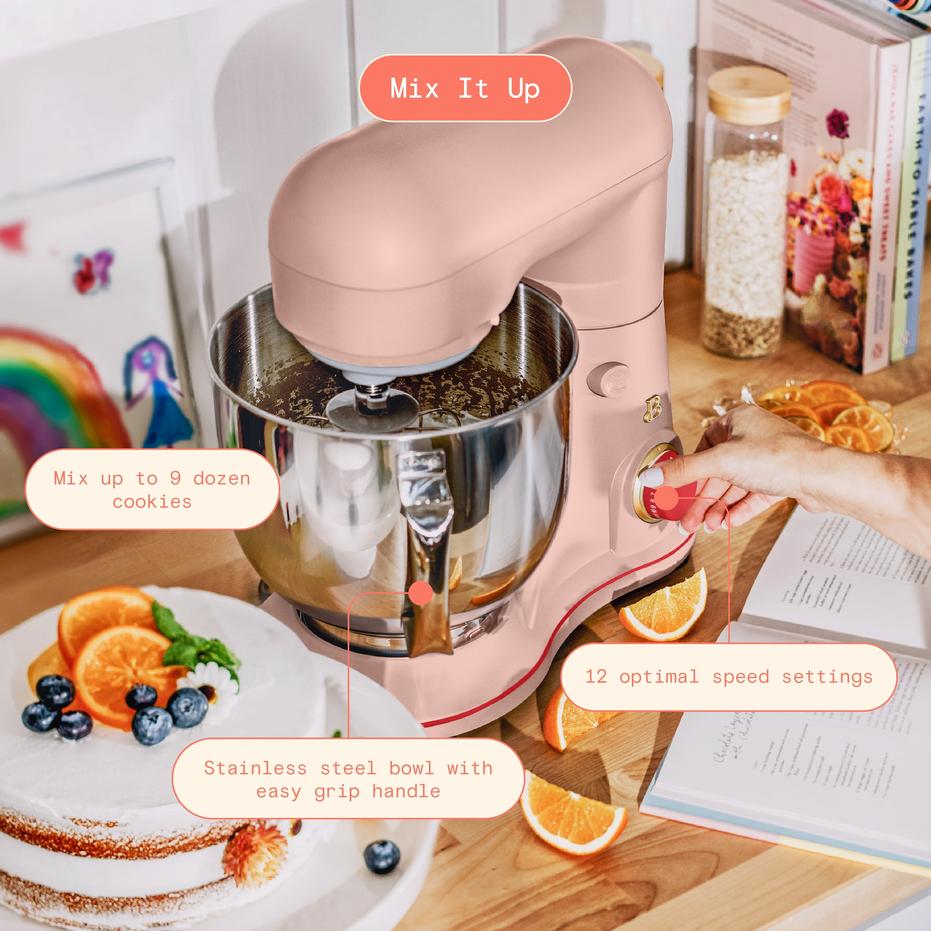 Beautiful 5.3 Qt Tilt-Head Stand Mixer with Flat Beater, Dough Hook & Balloon Whisk, Rose and Tomato Red by Drew Barrymore