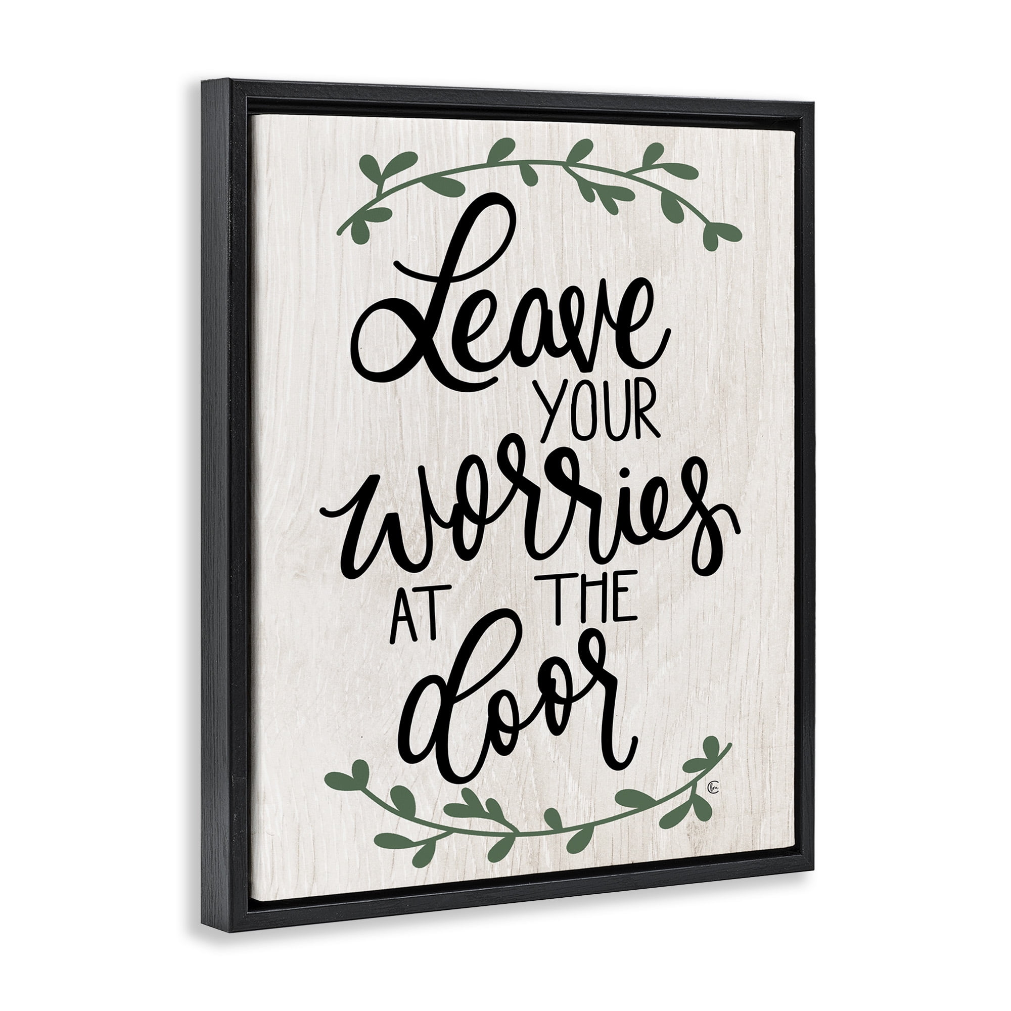 Stupell Industries Worries at Door Family Greeting Typography Painting Black Floater Framed Canvas Art Print Wall Art, 25 x 31