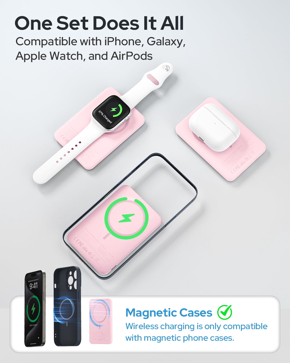 Magnetic Portable Charger, Magnetic Power Bank 5000mAh with USB-C, Slim Wireless Battery Pack compatible for iPhone 17/16/15/14/13 Series, Pink