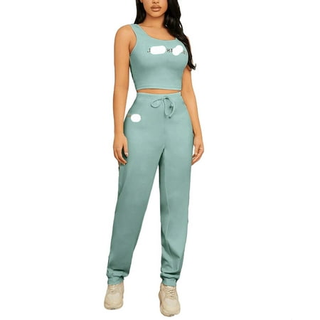 

Casual Letter Graphic Scoop Neck Pant Sets Sleeveless Cadet Blue Womens Pajama Sets (Women s)