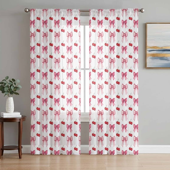 Pink Bow Cherry Sheer Curtains 96 Inch Length 2 Panels Set, Sweet Romantic Preppy Voile Window Treatment Semi Sheer Long Curtains Drapes for Bedroom/Living Room/Kitchen 52"x96"x2