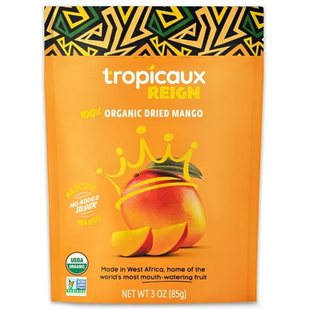 Tropicaux Reign Organic Non-GMO Dried Mango No Sugar Added, 3oz, Pack of 2 (6oz Total)