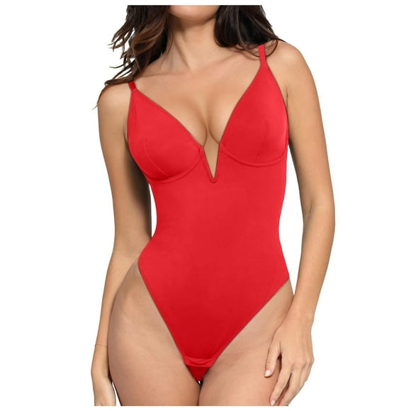FhsagQ Swimsuit Sets for Women Crotchless Red Deep V Neck Shapewear Bodysuit Backless Thong Bodysuit Women's Tank Top Womens Swimsuit Sets Crotchless Watermelon Red XL