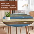 thumbnail image 3 of Blue Teal Brown Farmhouse Round Tablecloth 55-60 Inch Round Fitted Table Cloth with Elastic Edge, Vintage Retro Wooden Waterproof Table Cover Protector for Outdoor Picnic Party Dining, 3 of 6