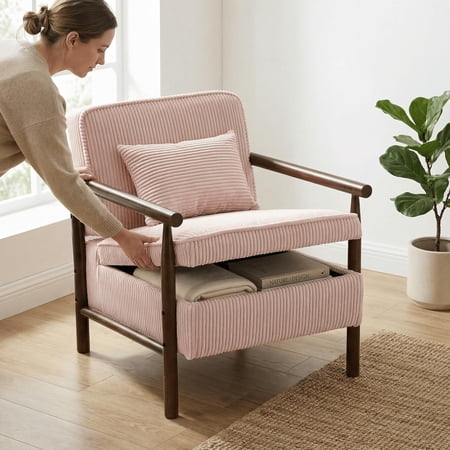 MOONMISS Accent Chair with Hidden Storage, Armchair with Solid Wood Frame, Corduroy Fabric Accent Chair for Living Room,Pink