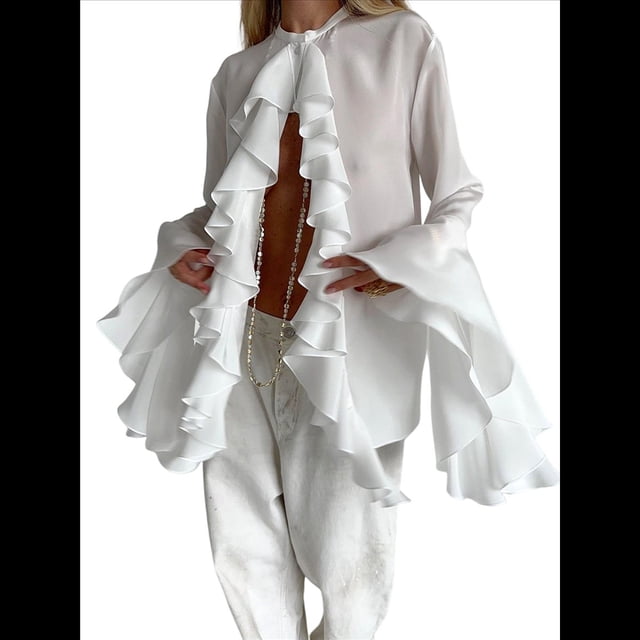 Blusas Casuales para Mujer, con Mangas Acampanadas, Cuello Alto y Volantes, Camisa de Verano A para Vacaciones. L
