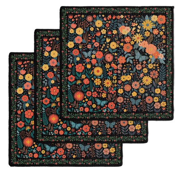 Boho Black Flowers Kitchen Dish Towels for Drying Dishes Set of 3, Spring Abstract Watercolor Floral Leaf Waffle Weave Microfiber Hand Tea Bathroom Towels Quick Dry & Absorbent Towel 12x12