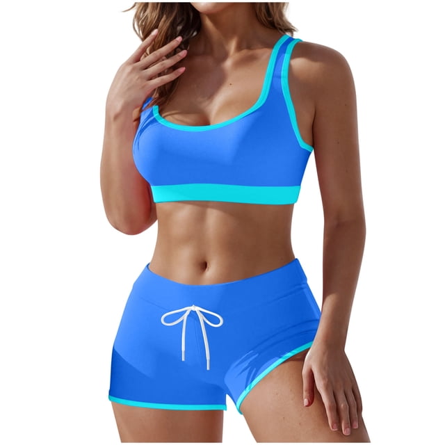 Two-piece Swimsuit for Women with V-Neck Camisole Top and Boyshort Bottom, Polyester-Spandex Blend, Solid Color, Split Design, Regular Length