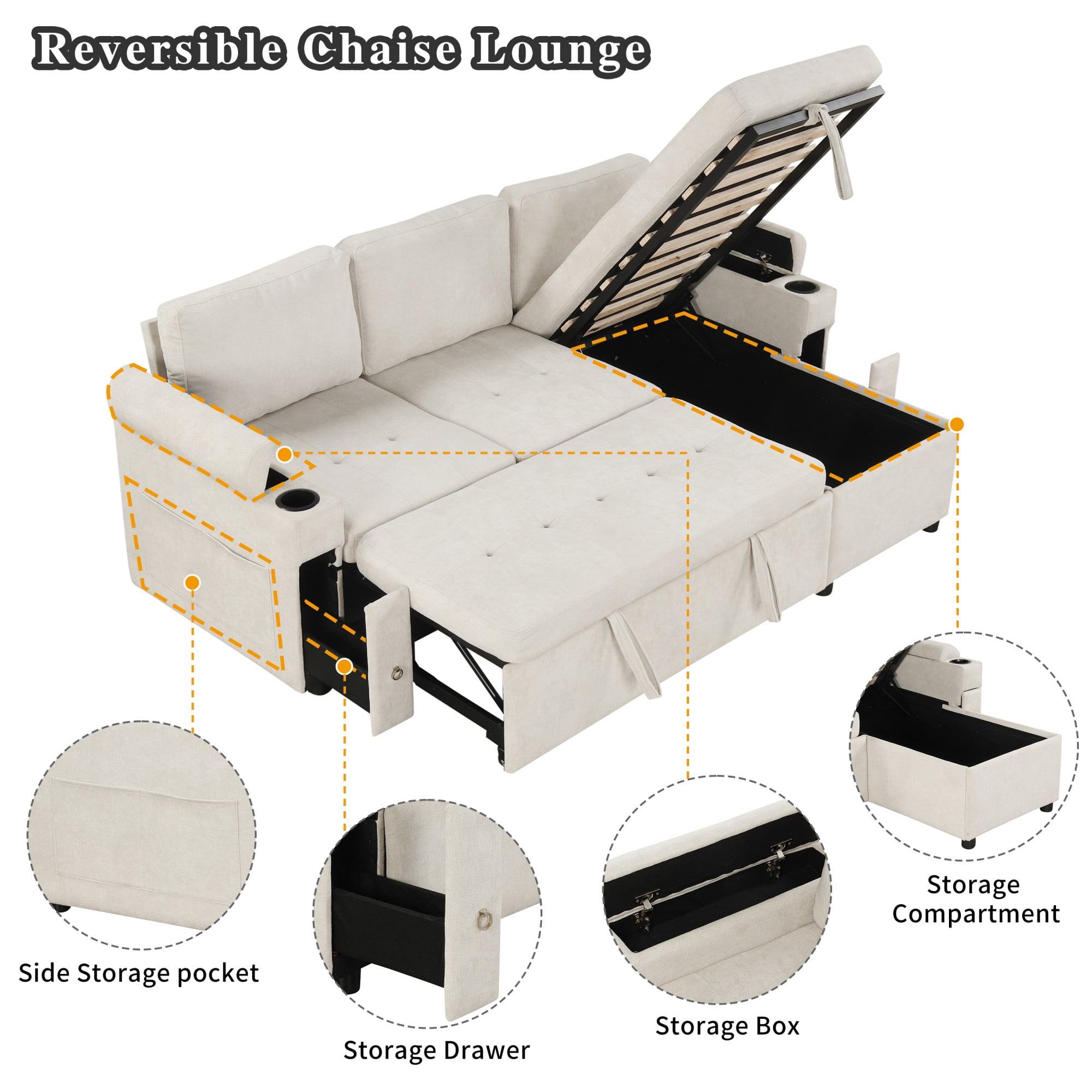 83.5" L-shaped Sofa Couch Convertible Sofa Bed Sectional Sofa Pull Out Bed with Two Cup Holders and Two USB Ports for Living Room,Beige