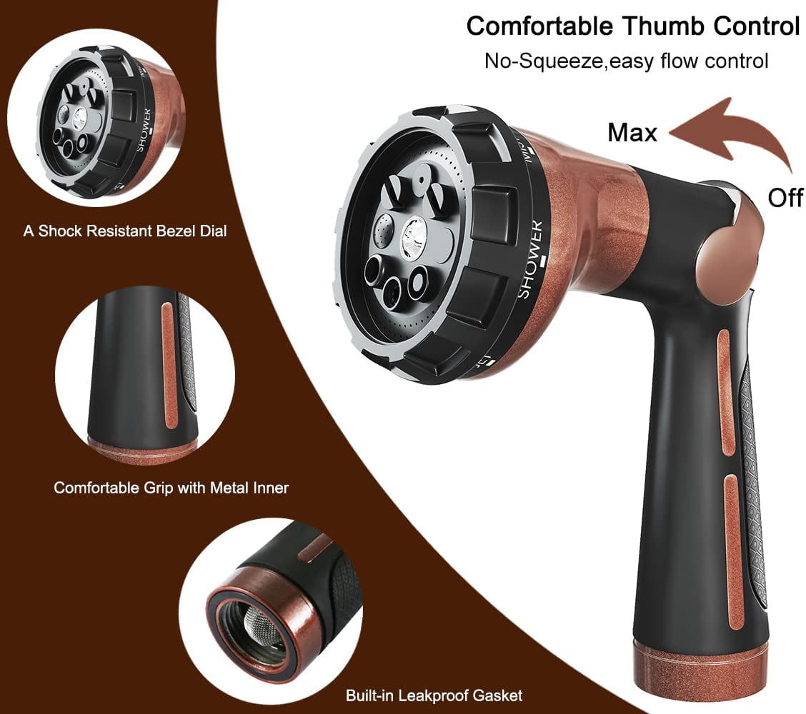 FANHAO 100% Heavy Duty Metal Garden Hose Nozzle, 8 Spray Patterns Watering Nozzle for Thumb Control