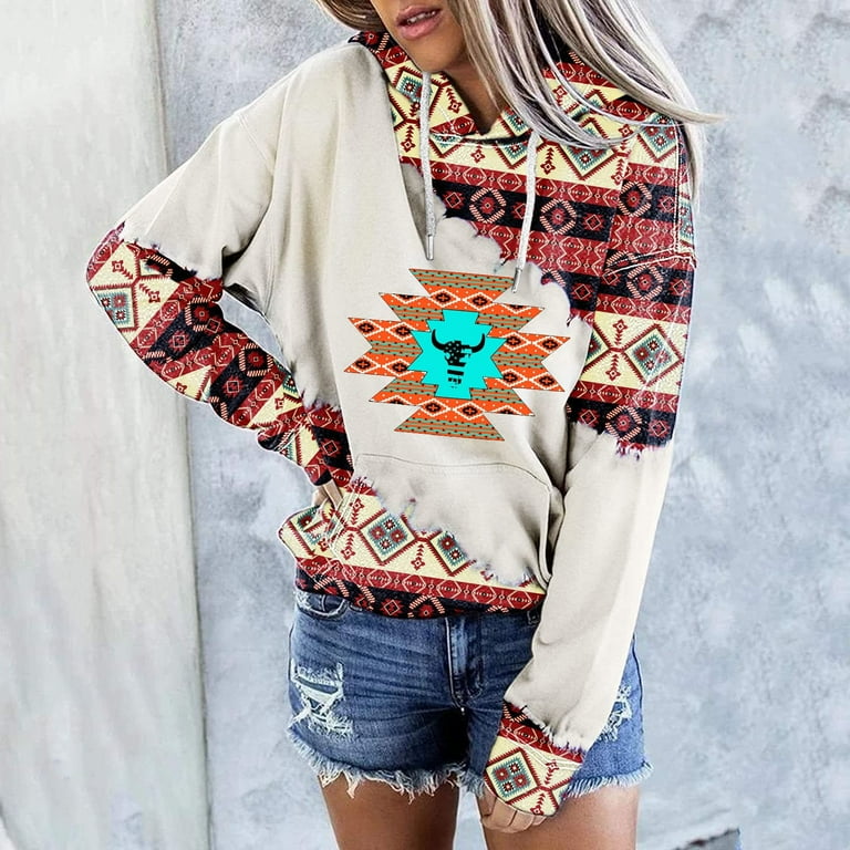 Western Hoodie for Women s Ethnic Style Print Aztec Pullover Cowgirl Rhombus Printed Hooded Sweatshirt with Pockets Walmart