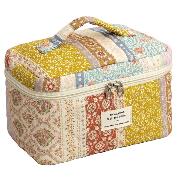 Bolsa de maquillaje acolchada AMULOKRU, tamaño grande, estampado floral, algodón