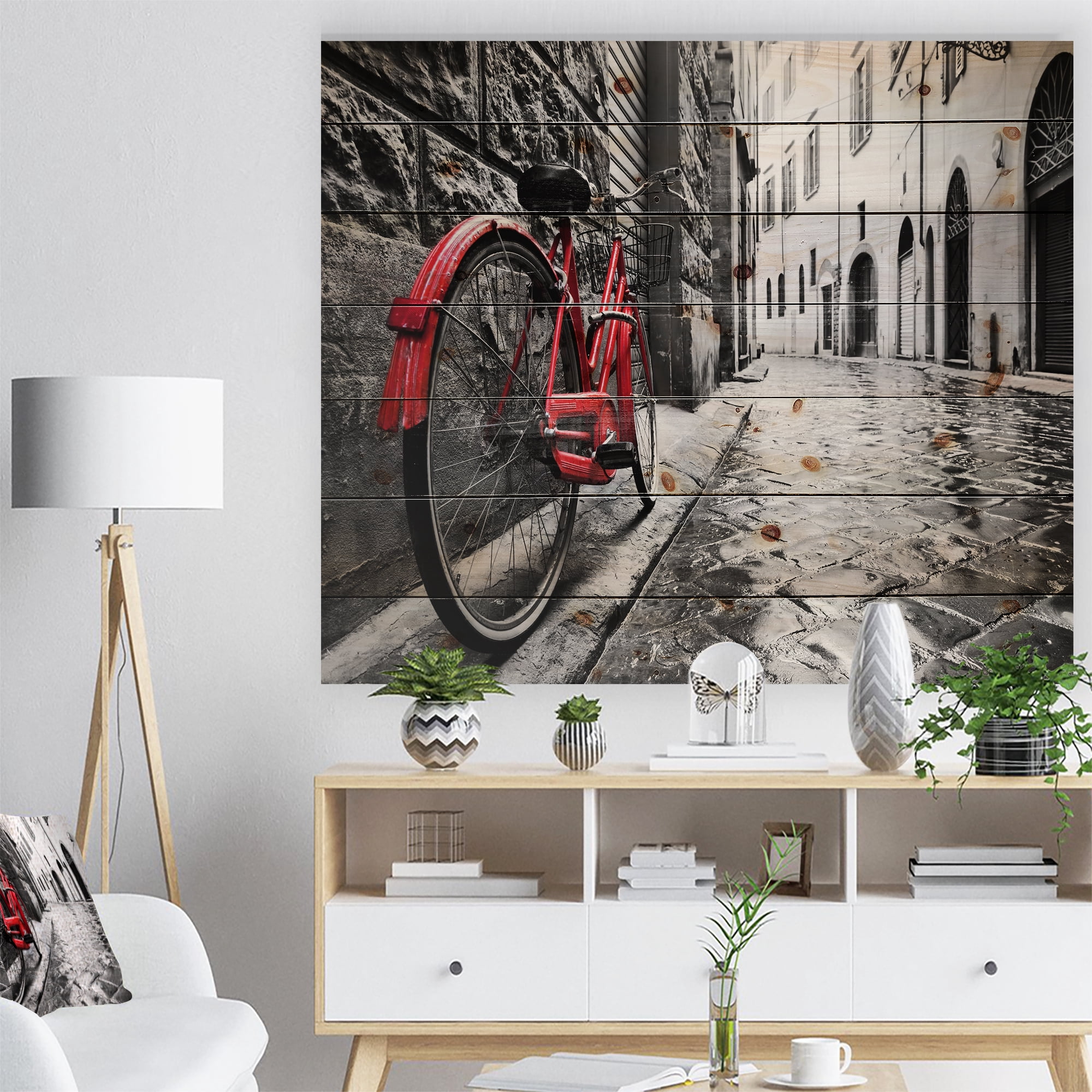Designart 'Retro Vintage Red Bike' Cityscape Photo Print on Natural Pine Wood