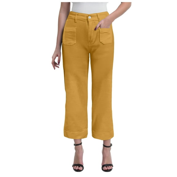 YDFCWXW Wide Leg Jeans for Women High Waist Baggy Stretchy Flared Jeans Trendy Cropped Denim Jeans Pants with Pocket Yellow, M