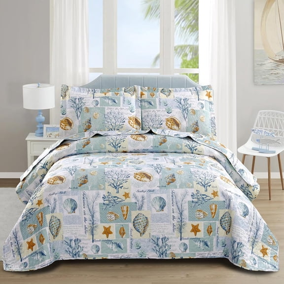 Beach Theme Quilts Set  Size Conch Seashell Starfish Seaweed Bedspreads Lightweight Patchwork Coastal Bedding Letter Printed Coverlets Pillow Shams