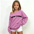 thumbnail image 2 of lnmuld Girls Long Sleeve Off Shoulder Sweatshirt, NEW YORK Graphic Print, Soft Stretchy Loose Fit Casual Spring Fall Top Size:3-4 Years, 2 of 5