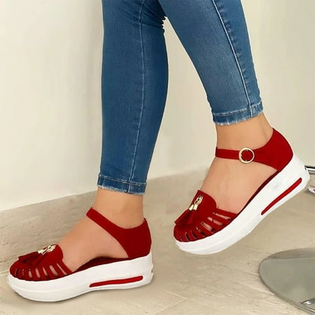 

Sandals Women Women S Fashion Wedge Fringe Buckle Strap Sandals Ladies Cusual Solid Shoes Womens Sandals Flock Red 37