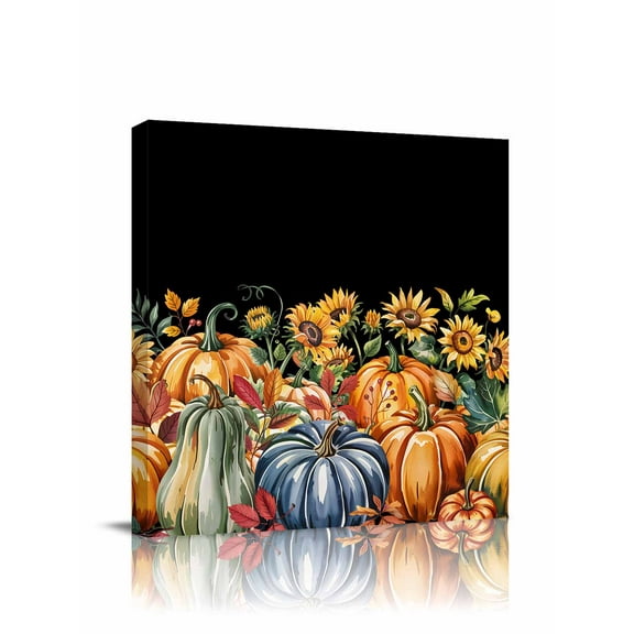Canvas Print Wall Art Sunflower Pumpkin Fall Thanksgiving Watercolor Plant Black Framed Canvas Art Wall Decor Pictures Painting Morden Artwork for Living Room Bedroom, Ready to Hang, 12"x12"