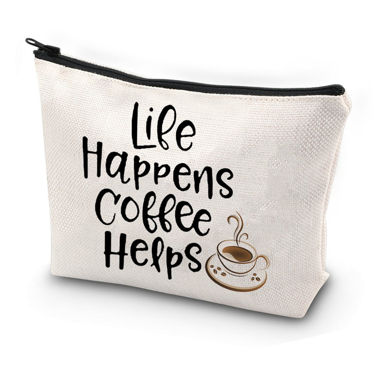 FEELMEM Coffee Lover Gifts Life Happens Coffee Helps Makeup Bag Coffee Friends Gifts Barista Gifts Coffee Themed Cosmetic Bag Coffee Reading Book Lover Gifts