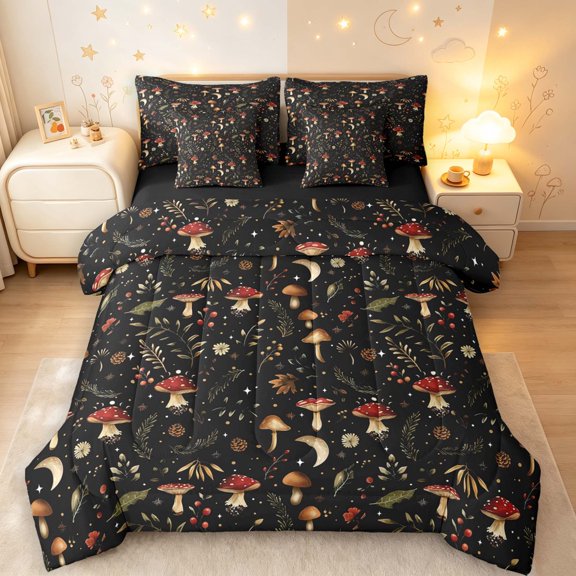 Homewish Watercolor Botanical Mushroom 7-Piece Twin Bedding,Fungus Plant Bedding Comforter Set,Black,Black Reversible