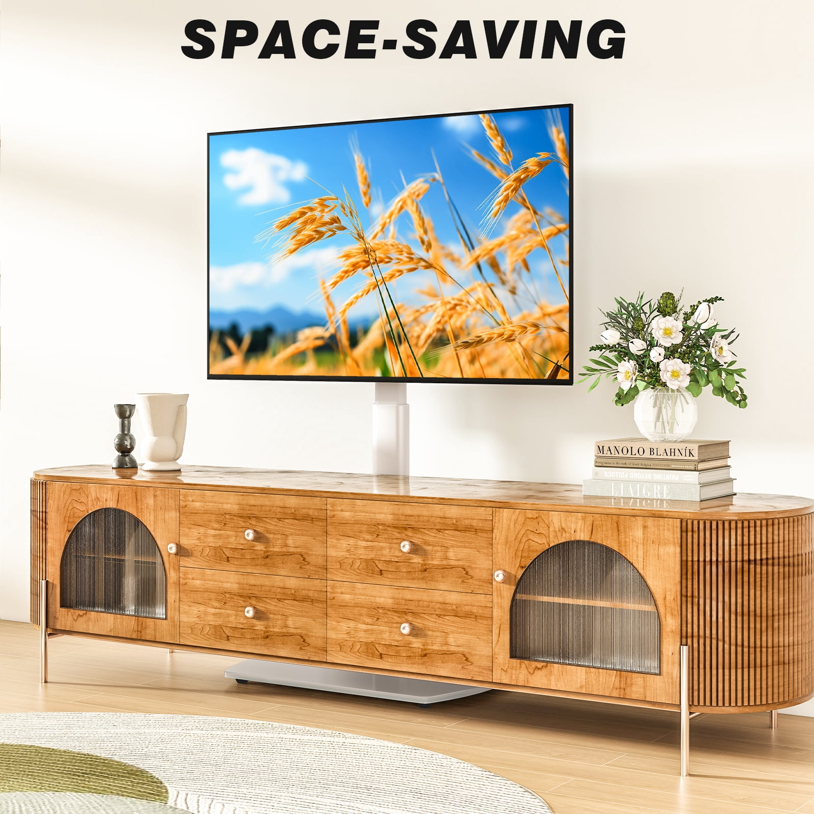 RTVR Modern Swivel Floor TV Stand for 27 to 70 inch Flat Curved Screens, Glass Base with Apple TV Roku Ultra Mount, White