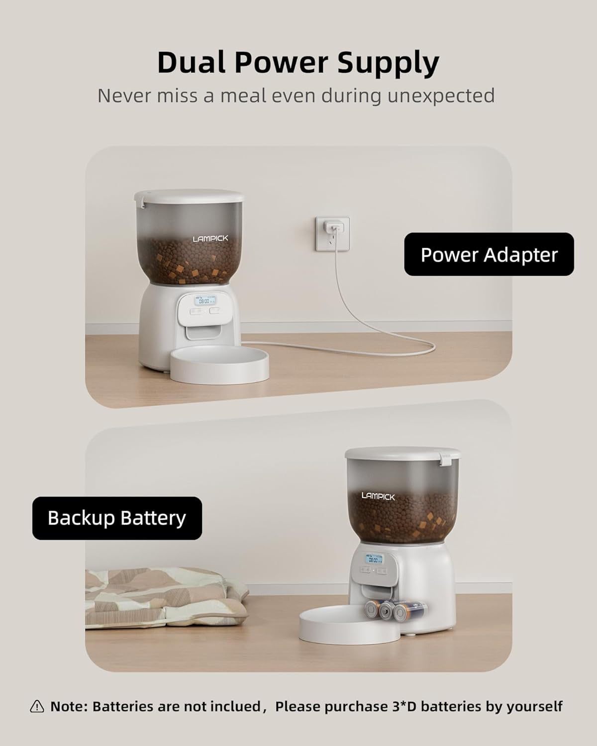 LAMPICK Dual Power Supply 4L Automatic Pet Feeder for Pets