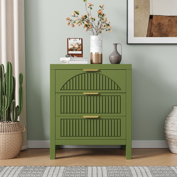 3 Drawer Dresser, Farmhouse Fluted Chest of Drawers, Wooden End Table, Mid- Century Modern Bedroom Nightstand Side Table for Bedrooms, Closets, Hallways, and Entryways, Green
