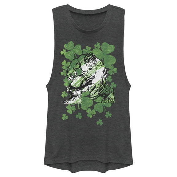Junior's Marvel St. Patrick's Day Hulk Clover Field  Festival Muscle Graphic Tee Charcoal Small