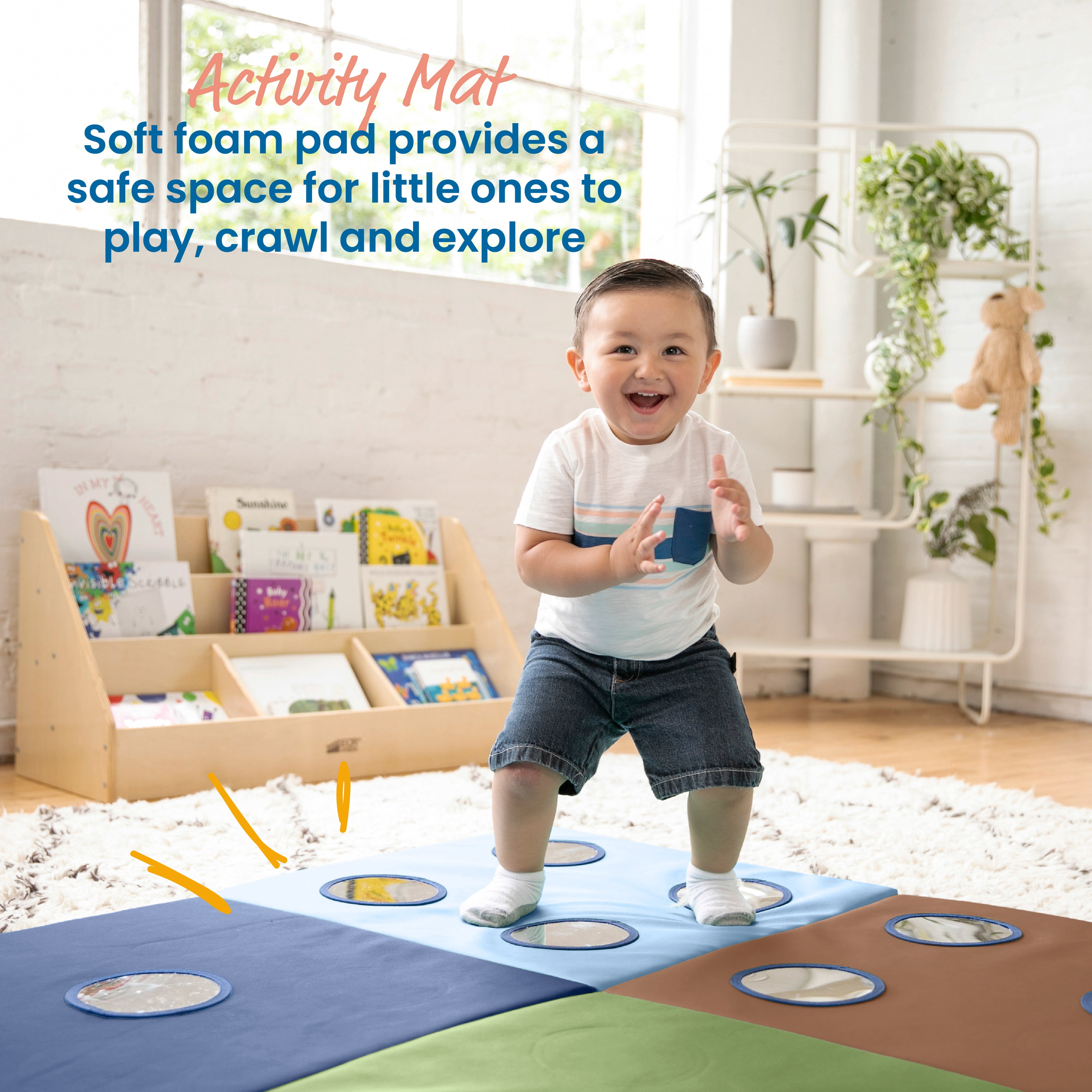 ECR4Kids SoftZone 123 Look at Me Activity Play Mat with Mirrors, Folding Playmat, Earthtone