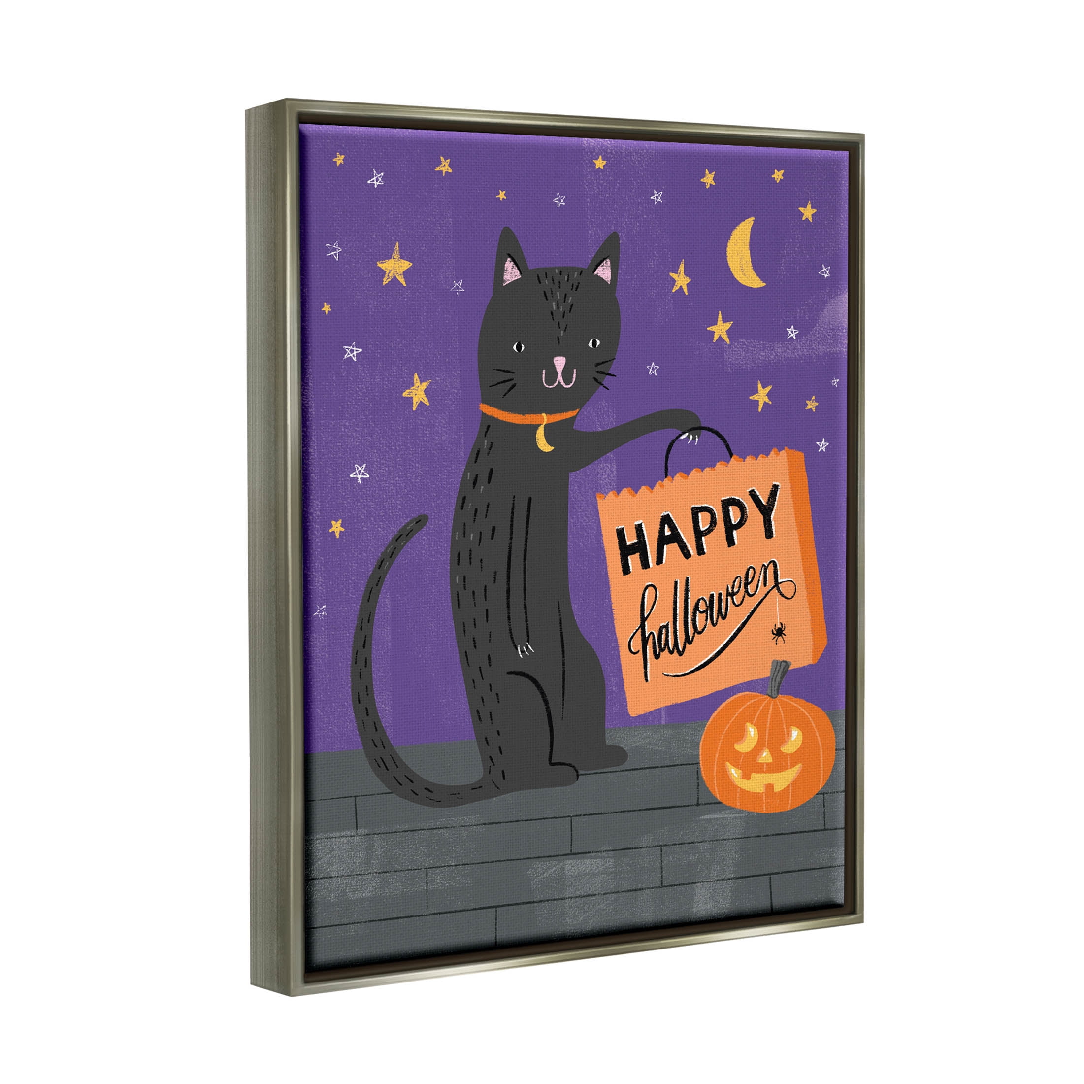 Stupell Industries Happy Halloween Black Cat Graphic Art Luster Gray Floating Framed Canvas Print Wall Art, Design by Amanda McGee