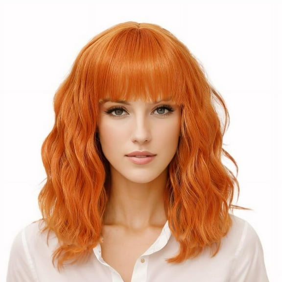 Dopi 14" Orange Wig Short Curly Wig with Bangs Dark Orange Wavy Bob Wig Women Girls Orange Synthetic Hair Wigs with Wig Cap