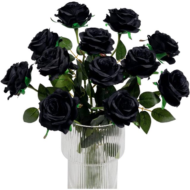 12 Pack Halloween Decorations Black Rose Artificial Flower Reali