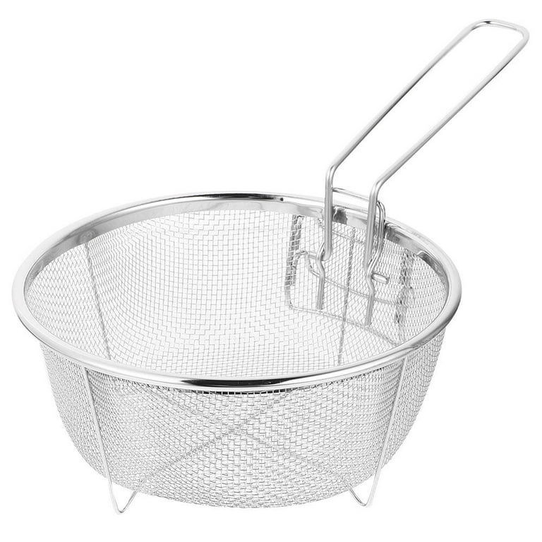 Deep Fry Basket Kitchen Stainless Steel Round Fry Basket with Folding Handle, Size: 35.5X23X9CM