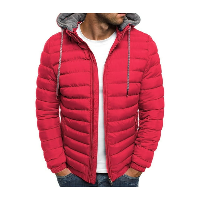 FOCUSNORM Men Winter Down Jacket, Solid Color Hooded Long Sleeve Zip-Up Outer