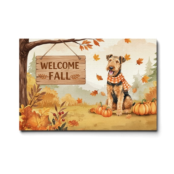 Welcome Fall Airedale Terrier Cozy Autumn Field Pumpkins Golden Leaves Horizontal Matte Canvas Poster Dale Waterside Dog Lover Wall Art Home Decor - 12013