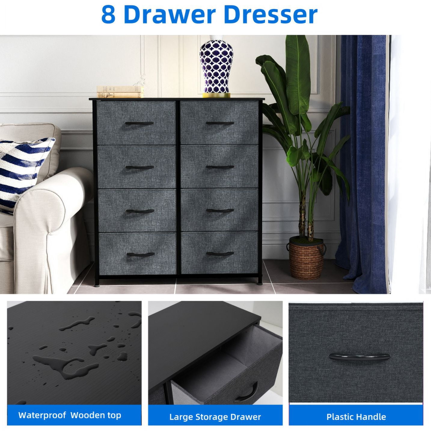 Uforic 8-Drawer Fabric Dresser for Adults & Teens, Storage Chest for Bedroom or Living Room, Gray