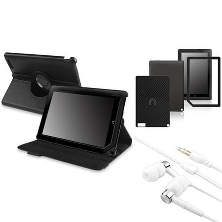 Insten Black 360 Rotating Leather Case+Sticker+In ear White Headset For Nook HD Plus (Supports Auto Sleep/Wake)